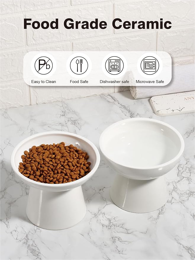 LoeJan Elevated Cat Food and Water Bowls Set, Extra Wide and Raised Ceramic Bowls, Anti-Vomit Whisker-Free Pressure Cat Feeder for Kittens to Adult Cats and Small Dogs (White, Water Bowl) - Image 5