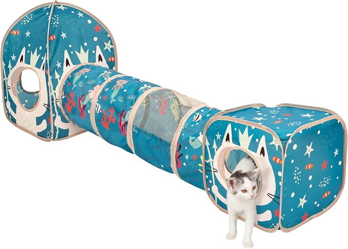 Kitty City Ocean-Themed Cat Play Furniture Set, Collapsible Pop-Up Cat Toys Combo with Cube, Tunnel & House, Indoor Kitty Playground for Play, Hiding & Lounging by KittyCity