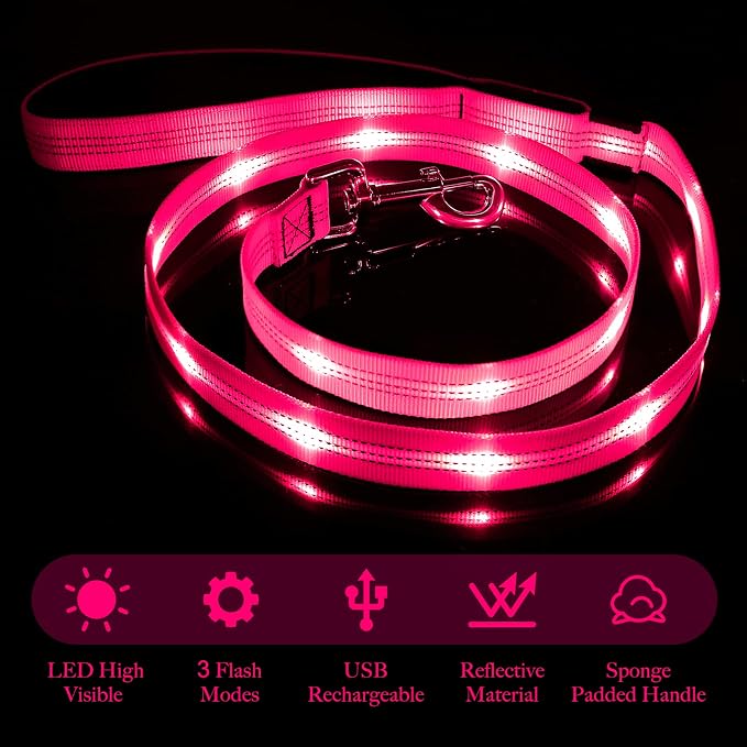 Illumifun LED Dog Leash - USB Rechargeable Light Up Dog Leash Glow in the Dark, Nylon Glowing Dog Lead for Your Dogs Walking (PinkⅡ) - Image 2