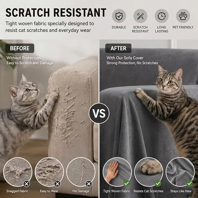 Loiion Cat Scratch Couch Cover Waterproof Sofa Cover 118"x71" Gray | Pet-Friendly Couch Protector, Anti-Scratch & Non Slip Sofa Cover For Cats Dogs Kids, Machine Washable - Image 3