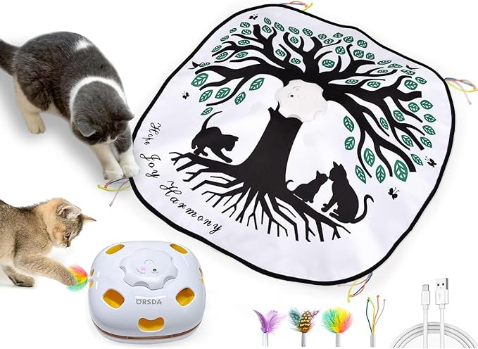 ORSDA Cat Toys for Indoor Cats 4 in 1 Interactive Automatic Cat Toys for Bored Indoor Adult Cats Kitten Toy Rechargeable 8 Hole Mice Whack-A-Mole, Hide and Seek, Moving Feather, 5PCS DIY Replacement by ORSDA