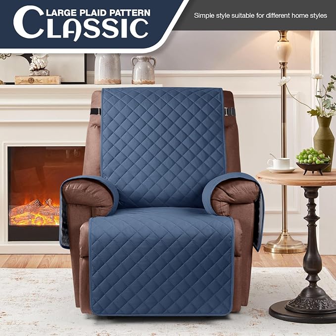 KinCam 100% Waterproof Recliner Chair Covers Washable, 23.6", Blue | Anti Slip Reclining Couch Covers for Pets Dog, Recliner Sofa Slipcover Storage Pocket, Furniture Protector with Elastic Strap - Image 2