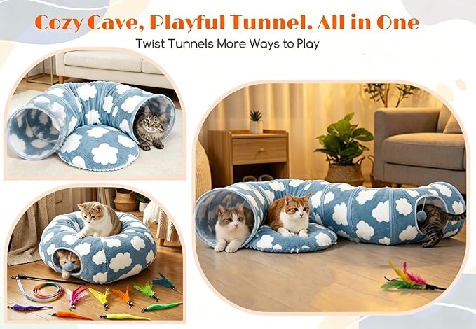 Cat Tunnel Bed with Toys – Large Collapsible Play Tube (Blue) | Soft Tube for Indoor Kittens & Adult Cats – Perfect for Hide & Seek, Pouncing, and Cozy Napping, Space-Saving & Foldable - Image 7