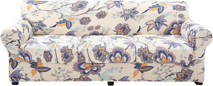 hyha Stretch Couch Covers, Sofa Cover for 3 Cushion Couch Pet Friendly | Floral Pattern, Printed, 4 Pieces, 3 Separate Cushion Sofa, Durable Anti-slip Washable Protector with Elastic Bottom for Dogs by hyha