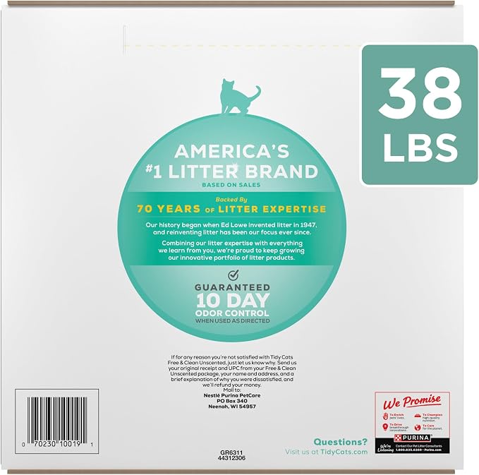 Purina Tidy Cats Free and Clean Unscented Clumping Cat Litter, 38 lb Box | Activated charcoal delivers lasting odor control, made without fragrances or dye, clumping - Image 9