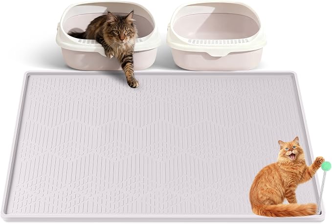 Silicone Cat Litter Box Mat 38'' x 25'' Cat Mat with Toy, White | Extra Large Litter Mat with lip, Non-Slip Waterproof Cat Litter Mat Litter Trapping Mat for Floor, Easy to Clean by Bartuke