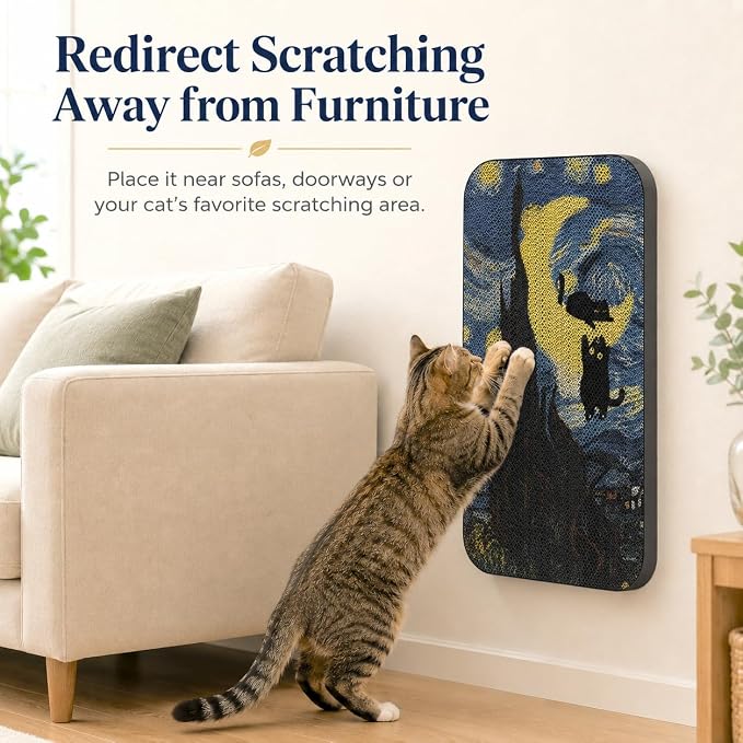 Cat Wall Scratcher, Art Cat Scratching Board for Indoor Cats | Wall Mounted Cat Scratch Pad, Water-Based Ink, Hook&Loop Strips, Floor or Wall Use, 16.7x11x1 Inch, Starry Night - Image 3