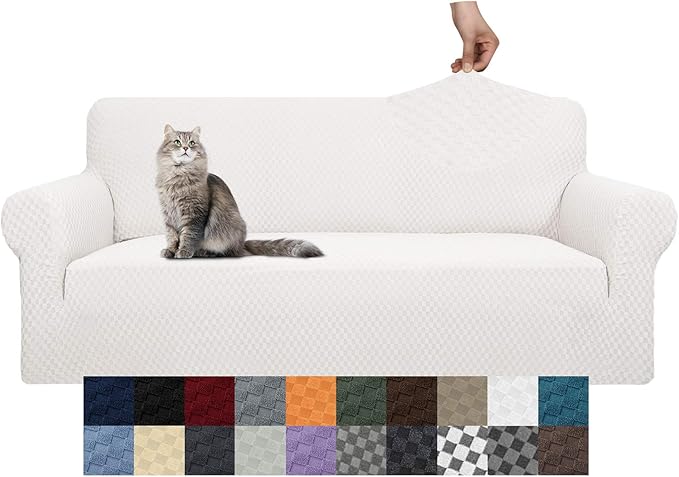 YEMYHOM Couch Cover Latest Jacquard Design High Stretch Sofa Covers for 3 Cushion Couch, Pet Dog Cat Proof Slipcover Non Slip Magic Elastic Furniture Protector (Large, White) by YEMYHOM