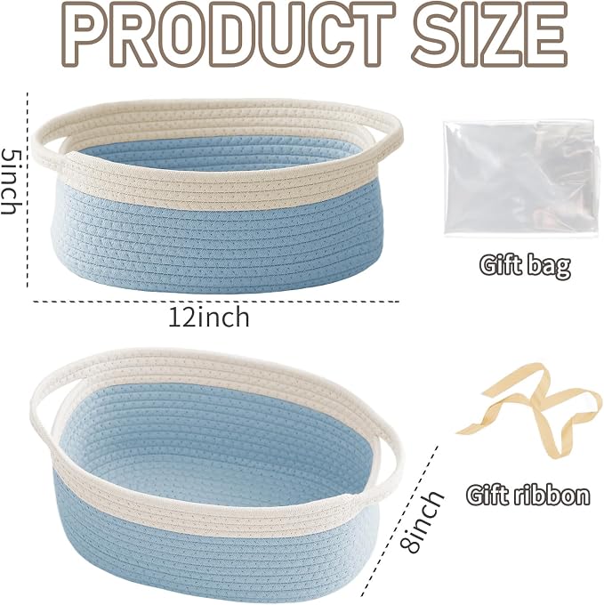 JMvicyroam Small Woven Basket, Empty Gift Basket, White&Blue/1 Pack | Small Gift Basket, Cotton Rope, 12 x 8 x 63 in, Handles, Includes Ribbon and Bag, Birthday Gift Basket - Image 2