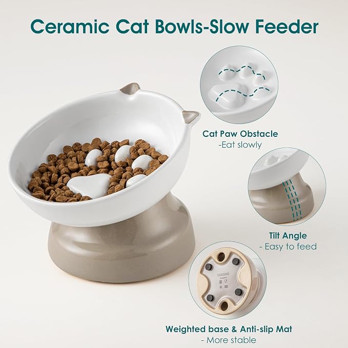 vancasso Ceramic Elevated Slow Feeder Cat Bowls,Slow Feeder Elevated Cat Bowl Wet Food, Raised Cats Bowl for Indoor Cats (Grey) - Image 5