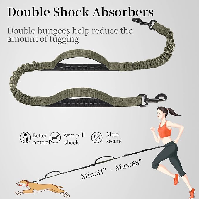 Hands Free Dog Leash with Zipper Pouch, Medium, Military Green | Waist Leash, Dual Padded Handles, Shock-Absorbing Bungee, Adjustable Waist Belt, Walking and Running - Image 5