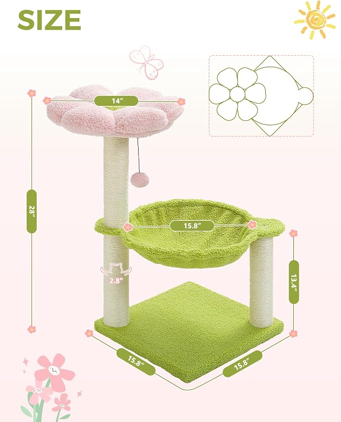 Flower Cat Tree, 28" Cat Tower with Cozy Flower Perch, Large Hammock for Indoor Small Cats, Cute Cat Tree with Sisal Scratching Post and Fur Toy Ball for Kittens, Pink | Plush flower perch, Metal frame hammock, Sisal post, Fluffy toy ball, Thickened st... - Image 4