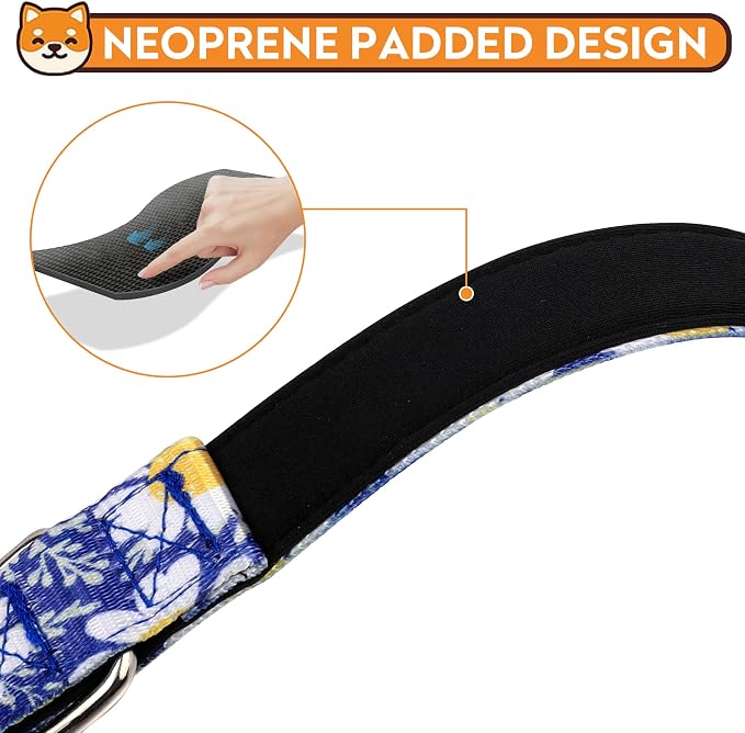 Reflective Dog Collar, Adjustable Neoprene Padded,Small Daisies Blue,M | Breathable Nylon for Medium Dogs,Tear-Resistant Webbing,Chafe‑Free on Walks and Hikes,Metal D-Ring,Night Safety - Image 4