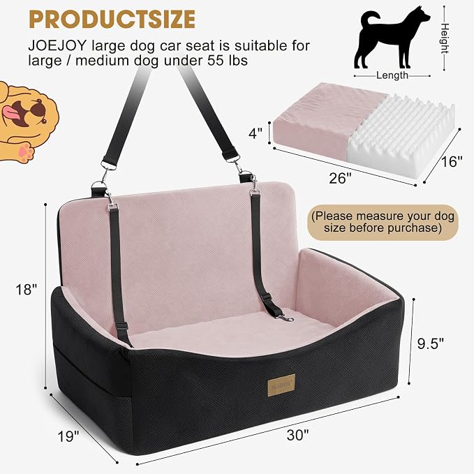 JOEJOY Dog Car Seat for Large Medium Sized Dogs Under 55 lbs, Dog Booster Seat for 2 Small Dogs with Detachable Washable Cover, Memory Foam Pet Car Seat with 2 Safety Belts and Storage Pockets - Image 7