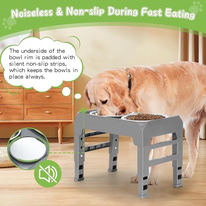Elevated Raised Dog Bowl Stand with 2 Stainless Steel Bowls, Adjustable Height for Medium Large Dogs, 12.36" - 3.7" Foldable Feeder, Grey - Image 5