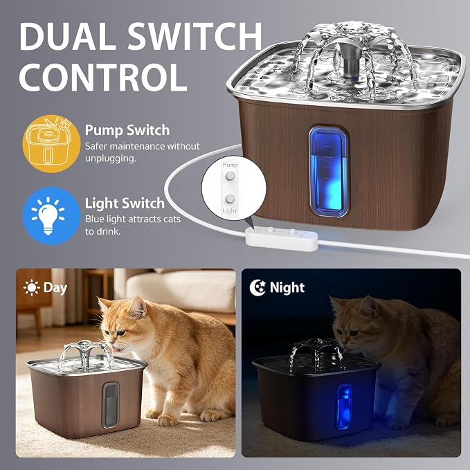 Veken Innovation Award Winner Stainless Steel Cat Water Fountain, 108oz | Automatic Pet Fountain Dog Water Dispenser with Replacement Filters & Silicone Mat for Cats, Dogs (Walnut Brown) - Image 7