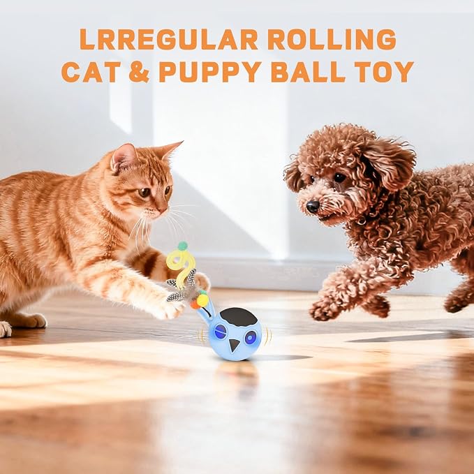 Cat Ball Toy, Upgraded Smart Motion Sensor Moving Ball with 3 Speed Modes & 4 Sounds, Interactive Toy for Indoor Cats, Motion Activated, Chirping Light, 2 Feather Tails(Blue) - Image 7