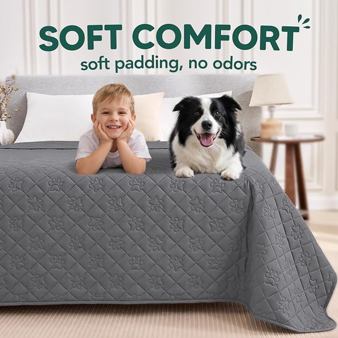 PAWFINITY Waterproof Bed Cover for Dogs, Pet Blanket for Mattress Washable | Paw Print Quilted, Hair Resistant, Anti Cat Scratch, Pee Proof Furniture Protector for Cal King Bed, 82x102 Inch, Grey - Image 4