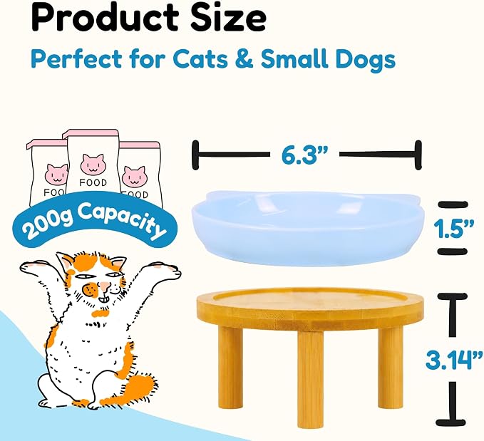 Elevated Ceramic Cat Bowls with Bamboo Stand for Cat Bowl, Whisker Friendly Shallow Cat Plate, Stable Raised Cat Food Riser for Indoor Cats (Blue, Set of 1) - Image 2