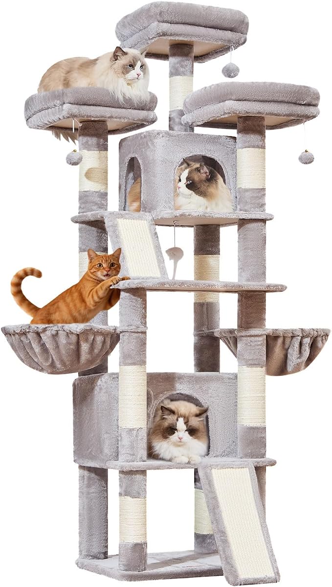 Taoqimiao Cat Tree for Large Cats, 76.8 Inches XL Cat Tower for Indoor Cats | 2 Scratch Boards, 3 Top Perches, 9 Scratching Posts, Multi-Level Cat Tree with 2 Condos, 2 Cozy Basket, Light Gray, T20W - Image 8