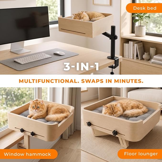 3-in-1 Cat Desk Bed, Cat Window Hammock & Elevated Floor Bed – Wooden Window Perch & Seat, American Oak Finish, 2 Plush Mats, Holds 28 lbs - Image 2