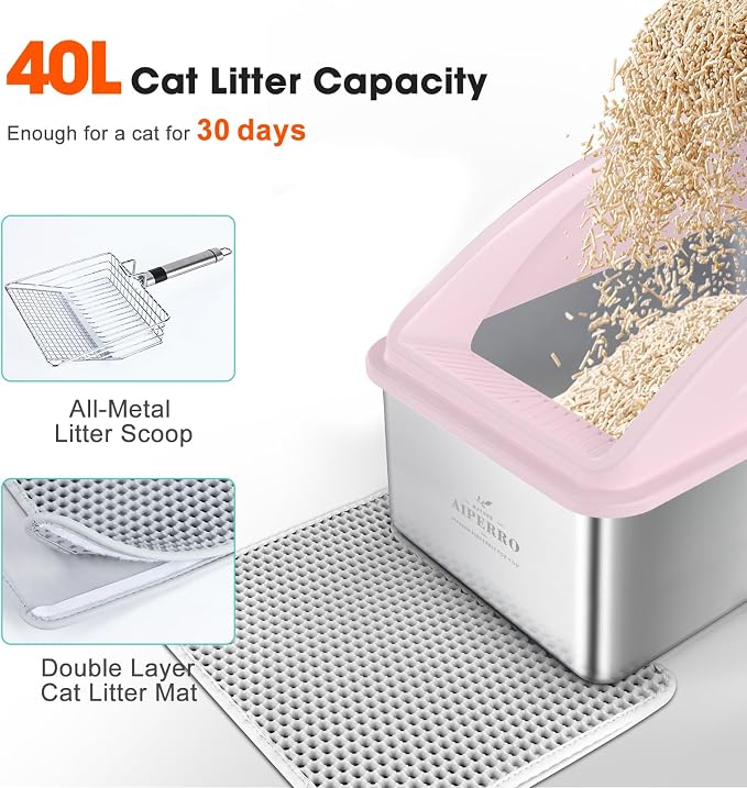 AIPERRO Stainless Steel Litter Box | XXL Deepened 8" Design Metal Cat Box | High Sided with Lid for Big Cats | Anti-Urine Leakage | Non-Stick Bottom & Easy to Clean | Includes Litter Mat & Metal Scoop - Image 6