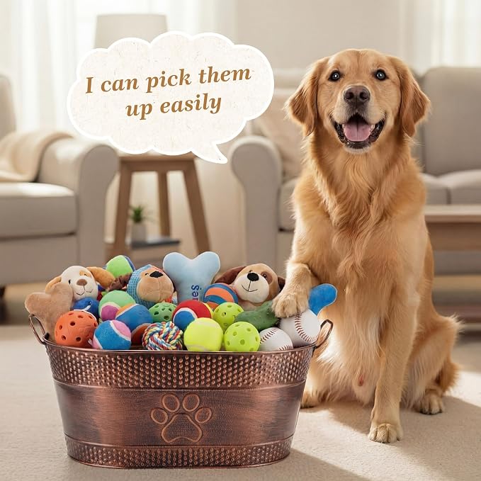Zonon Metal Dog Toy Storage Bin with Handles 21 Quart Vintage Decorative Basket for Dog Ropes Food Living Room Decor, Galvanized Steel Pet Toy Organizer, 18x11.5x7.5 Inch (Dog's Paw) - Image 6