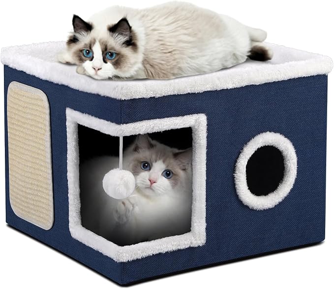 Shikha Cat House Bed for Indoor Cats with Fluffy Ball and Scratch Pad Blue | Foldable Large Cat Cave Hideaway with Cozy Condo, Hide and Seek Window, Holds Up to 30LBS, All Season Reversible Cushion by Shikha