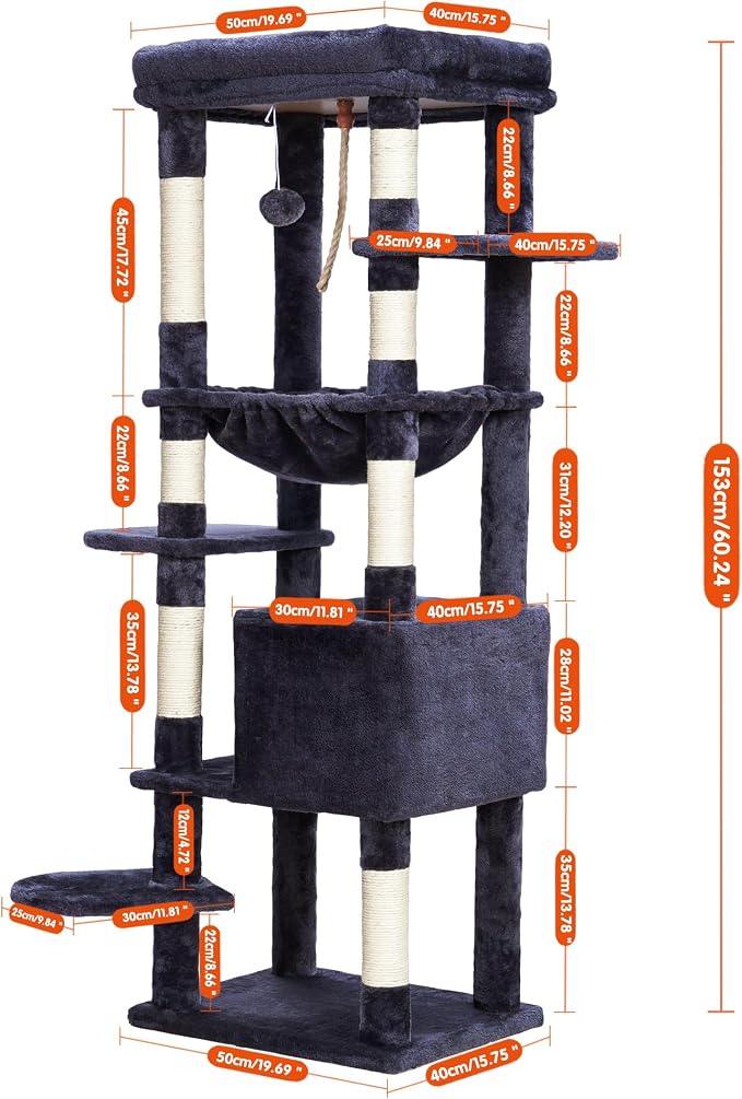 Heybly Cat Tree for Large Cats, 20lbs Heavy Duty, 60 inches HCT050G | Cat Tower for Indoor Cats with Big Padded Plush Perch, Multi-Level Furniture Condo with Cozy Basket, Smoky Gray - Image 3