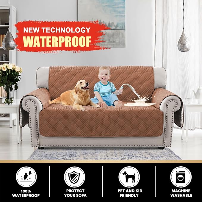 PrinceDeco 100% Waterproof Loveseat Covers for 2 Cushion Couch Sofa Covers Waterproof and Washable Sofa Slipcover with Side Pocket Furniture Protector with Elastic Straps(Loveseat 48", Terracotta) - Image 2