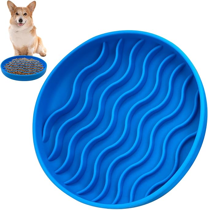 Fhiny Slow Feeder Dog Bowl Non-Slip Silicone - Blue Pet Food Dish for Fast Eaters, Dishwasher Safe by Fhiny