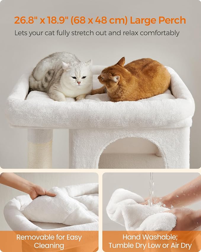 Feandrea Cat Tree, 40.6-Inch Cat Tower, Plush Condo for Extra Large Cats up to 44 lb, Large Perch, 2 Caves, Scratching Post, Cream White UPCT614T01 - Image 3