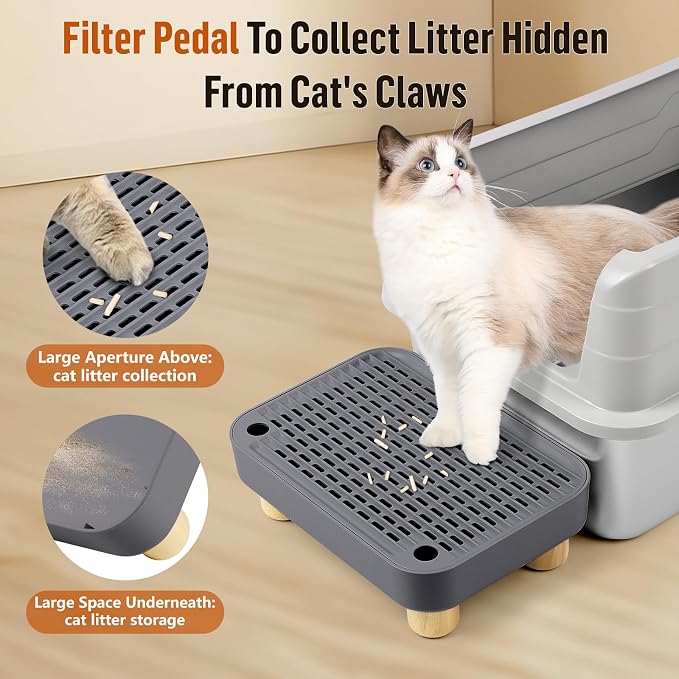 Litter Box Step, Cat Litter Ramp with Wooden Base, Dark Grey | Double Layer Litter Box Ramp for Kitten & Elderly Cats, Litter Catcher for Automatic Cat Litter Box, Easy to Clean - Image 3