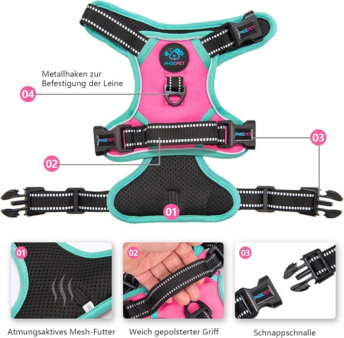 Upgraded No Pull Dog Harness, Reflective Adjustable Vest | with a Training Handle + 2 Metal Leash Hooks+ 3 Snap Buckles +4 Slide Buckles(XS, Pink) - Image 3