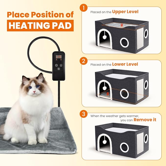 Indoor Heated Cat House, Adjustable Temperature Cat Heating Bed with Timer and Chew Resistant Cord, Large Cat House with Heating Pad for Small Medium and Large Cats - Image 7