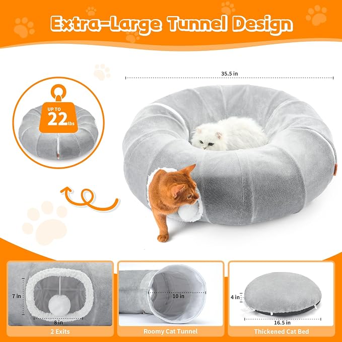 Cat Tunnel Bed for Indoor Cats, XL Donut Tunnels, 35.5 Inch, Grey | 2 in 1 Cat Tunnels for Indoor Cats Kitten Puppy Rabbit Pet Tunnel Toy with Washable Cushion Bed Grey - Image 2