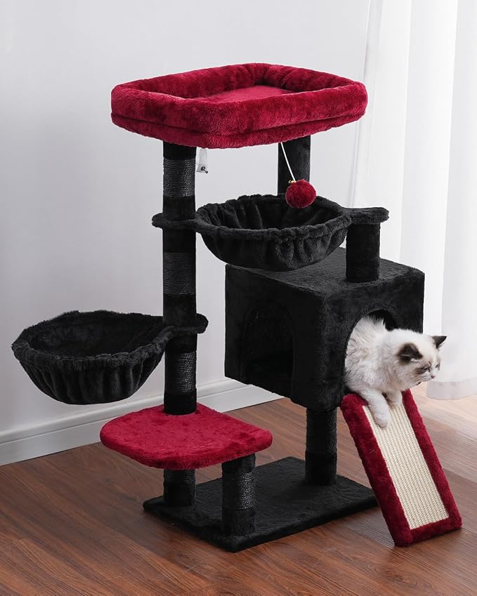 Hey-brother Cat Tree Tower with Large Bed, Hammocks, Scratcher, MPJ006SBR | 35.4 Inches Cat House with Cozy Condo, Sisal Scratching Posts for Indoor Cats, Black and Red - Image 9