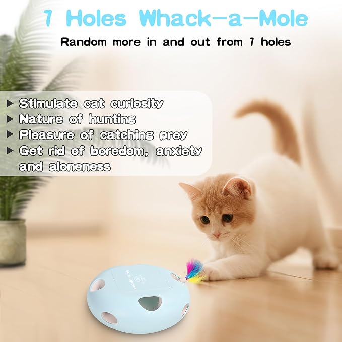 Rechargeable Interactive Cat Toy, Blue | Smart Sensor Pop-Up Feather Toy, 7 Holes, USB Powered Automatic, For Indoor Cats - Image 5