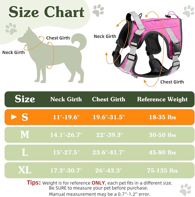 VavoPaw Heavy Duty Tactical Dog Harness for Small Dogs, No Pull Adjustable | Pet Harness Reflective Service Training Easy Control Pet Vest Military K9 Working Dog Harnesses(Pink, S） - Image 2