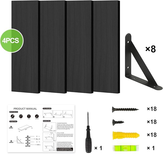Fixwal Wall Floating Shelves for Home Decor (Black, Set of 4, 16.5 Inch) | Wood Shelves, Natural Grain, 40Lb Capacity, Sturdy Triangle Brackets, Versatile for Any Room - Image 5