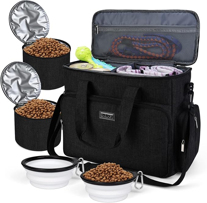 BAGLHER Dog Travel Bag, Airline Approved Pet Tote Organizer with Multi-Function Pockets, 2 X Food Storage Containers and 2 X Collapsible Bowls, Perfect Weekend Pet Travel Set for Dog, Cat Black by BAGLHER