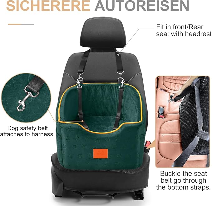 XIEEAOZEE Dog Car Seat for Small Dogs, Memory Foam Booster Dog Seat for Dogs up to 35 lbs, Elevated Pet Car Seat, Travel Safety Pet Seat with Washable Removable Cover, Storage Pockets (Green) - Image 3