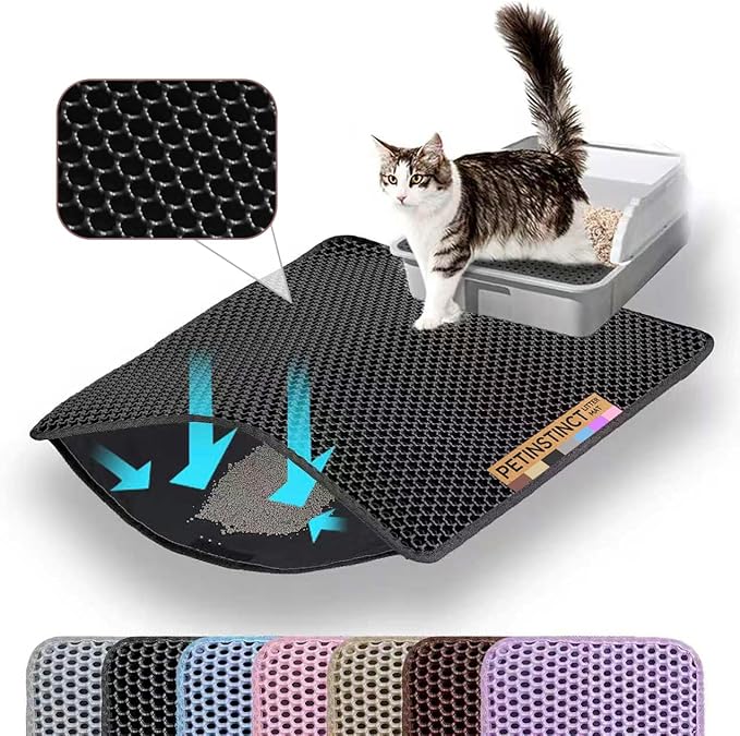 Cat Litter Mat, Double Layer Honeycomb Litter Box Mat | 24x18”, Efficient Litter Trapping, Easy to Clean, Waterproof, Non-Slip, Soft on Paws, Scratch Resistant, Black, Large by Petinstinct
