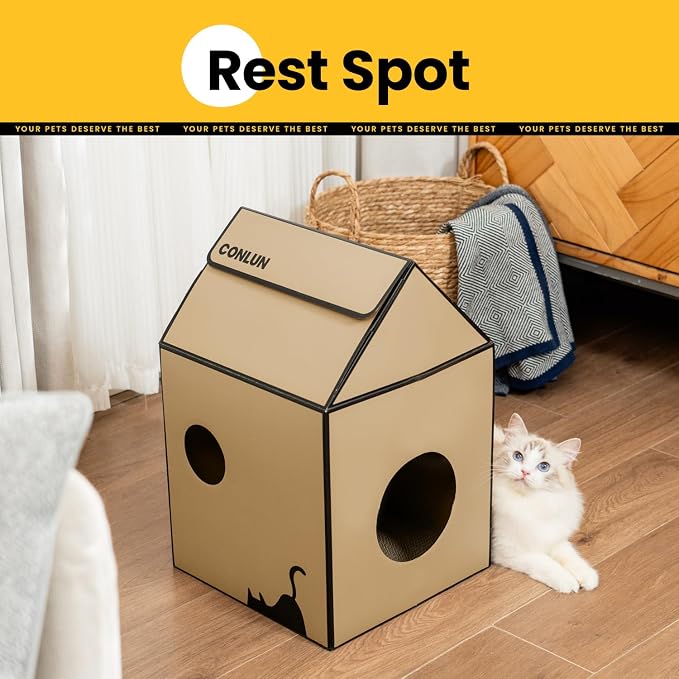 Conlun 2-in-1 Cat House Cardboard Scratching Pad Indoor Cave <13 lbs | 2-in-1 cozy cave, heavy-duty recycled cardboard | traps messy crumbs | quick setup | ideal for small cats - Image 4