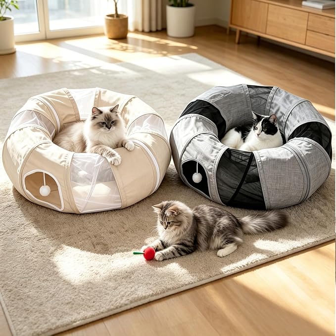 Ownpets Collapsible Cat Tunnel Toy - 2-in-1 Interactive Play Tunnel for Cat up to 18 lbs, Tear-Resistant Mesh, Fold to 2 Inches Thick, Portable Cat Exercise & Entertainment Tunnel, 12" Diameter, Khaki - Image 8