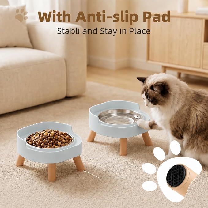 Elevated Cat Bowls, 2P Raised Cat Food and Water Bowl Set for Indoor Cats, Splash Proof with 2 Stainless Steel Pet Food Bowls for Cats ＆ Puppies, Whisker Friendly and Dishwasher Safe - Blue - Image 4