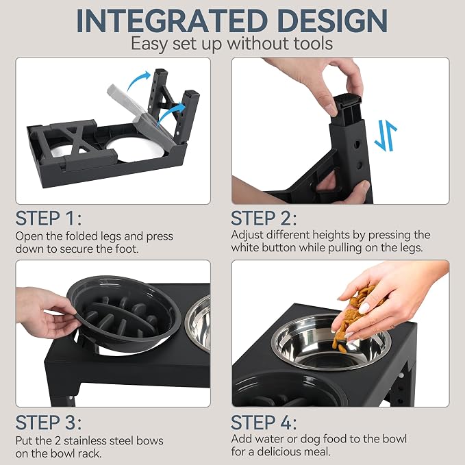 PAWISE Elevated Dog Bowls, 5 Height Adjustable Raised Dog Bowl Stand with 1 Slow Feeder Bowl & 2 Stainless Steel Bowls, Non-Slip Dog Feeding Station for Large, Medium, Small Dogs and Cats, Black - Image 9