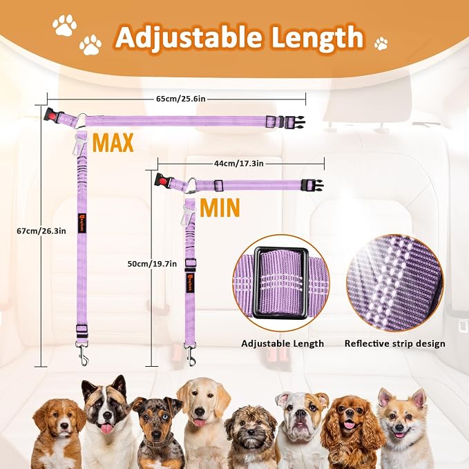 Laqibak Removable Dog Seat Belt Harness for Car, 3 in 1 Pet Seatbelt Leash | Retractable Headrest-Mounted,Restraint & Adjustable Reflective Bungee Dog Seatbelt Tether,Purple and Black - Image 7