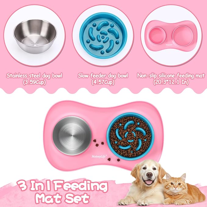 MateeyLife Dog Food and Water Bowl Set 3 in 1, Slow Feeder Dog Bowls & Stainless Steel Water Bowl with Non-Spill Silicone Mat, Cat and Puppy Bowls Pet Dishes for Small Medium Large Breed Anti-Choking - Image 7