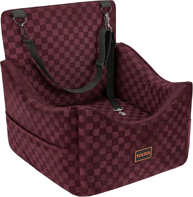 JOEJOY Elevated Dog Car Seat for Small/Medium Dogs up to 36 lbs, Memory Foam Booster Seat with Detachable Washable Cover, Travel-Safe Car Bed with Safety Belts & Storage Pockets, Red by JOEJOY